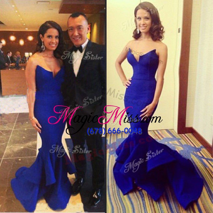 wholesale fashionable mermaid royal blue sleeveless satin zipper celebrity style dress for prom and party