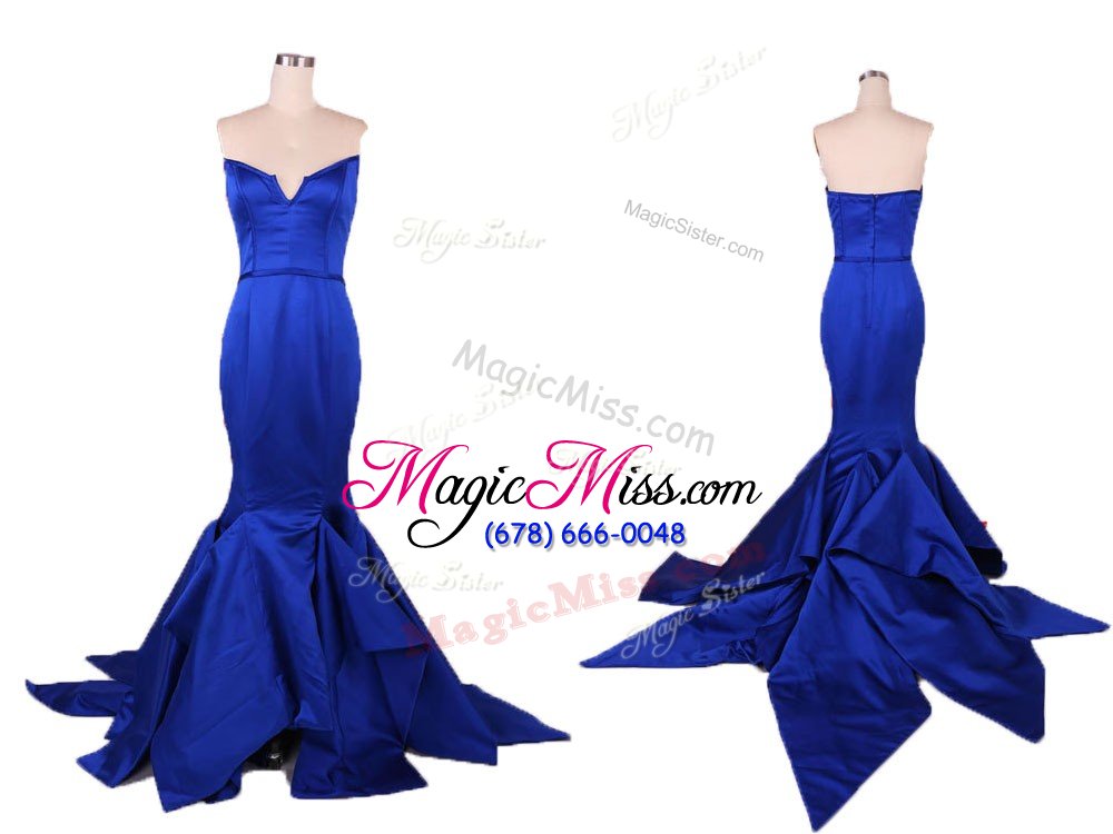 wholesale fashionable mermaid royal blue sleeveless satin zipper celebrity style dress for prom and party