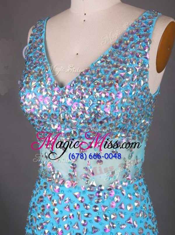 wholesale chic mermaid blue chiffon zipper v-neck sleeveless court train beading