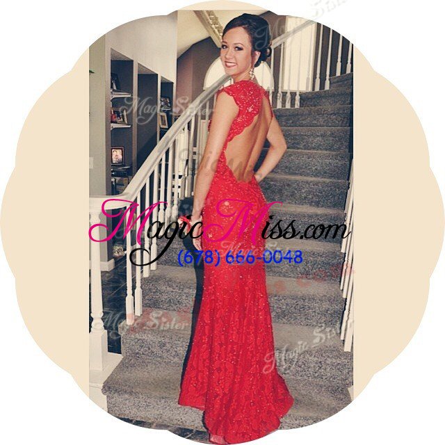 wholesale superior mermaid red backless evening dress lace cap sleeves with train court train