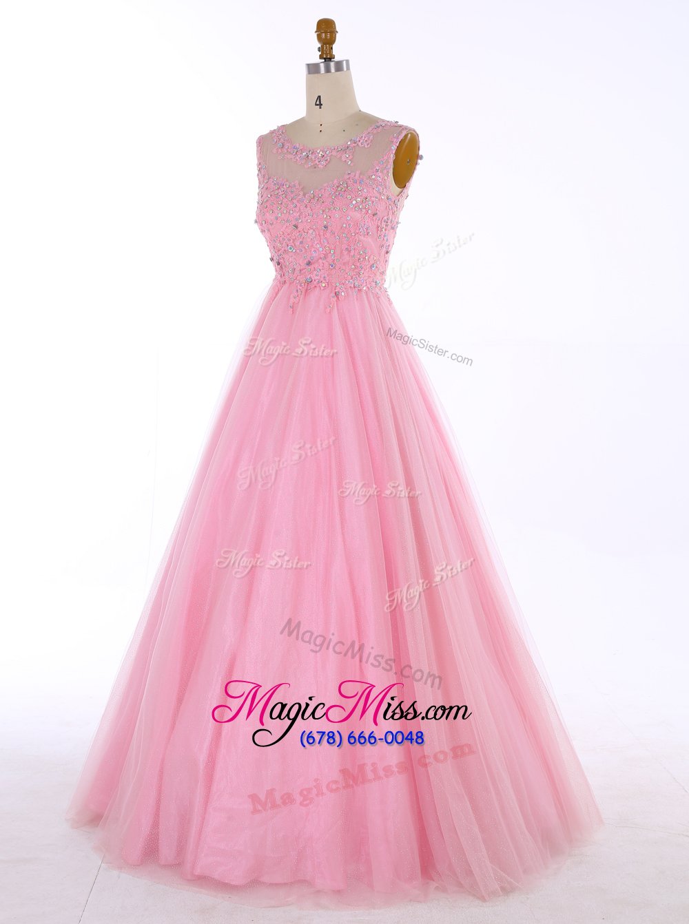wholesale comfortable scoop sleeveless satin floor length backless in pink for with beading and appliques