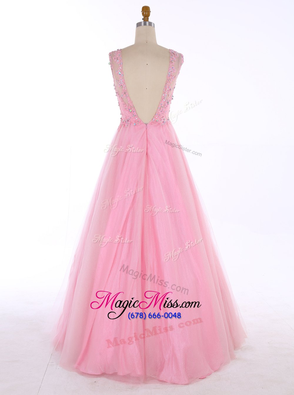 wholesale comfortable scoop sleeveless satin floor length backless in pink for with beading and appliques