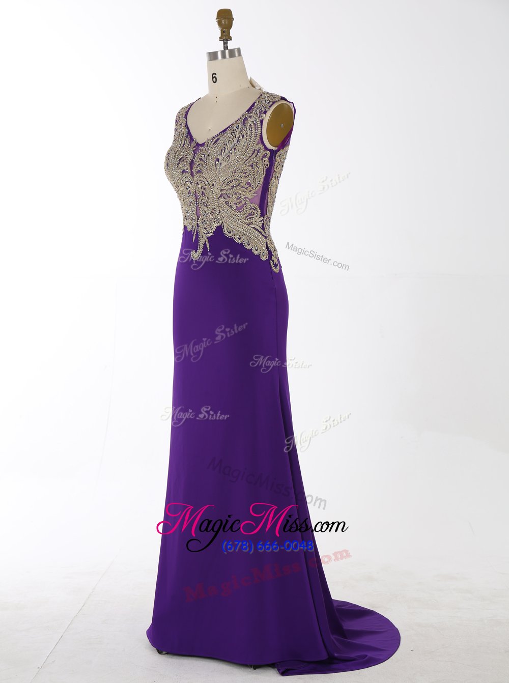 wholesale traditional mermaid v-neck sleeveless prom dresses with brush train beading and appliques purple chiffon