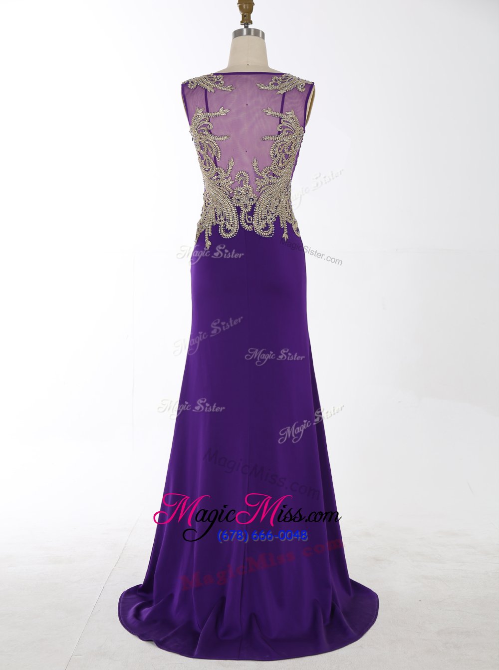 wholesale traditional mermaid v-neck sleeveless prom dresses with brush train beading and appliques purple chiffon
