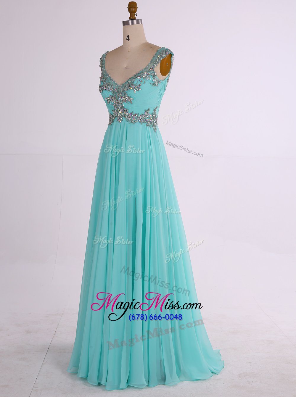 wholesale most popular aqua blue v-neck zipper beading prom evening gown sleeveless
