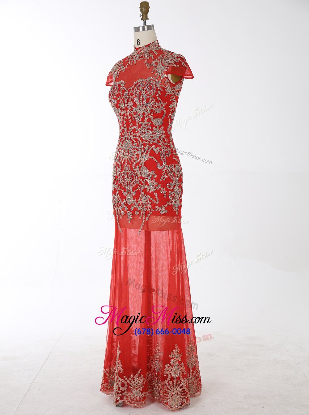 wholesale hot sale mermaid red high-neck backless beading and appliques celebrity style dress cap sleeves