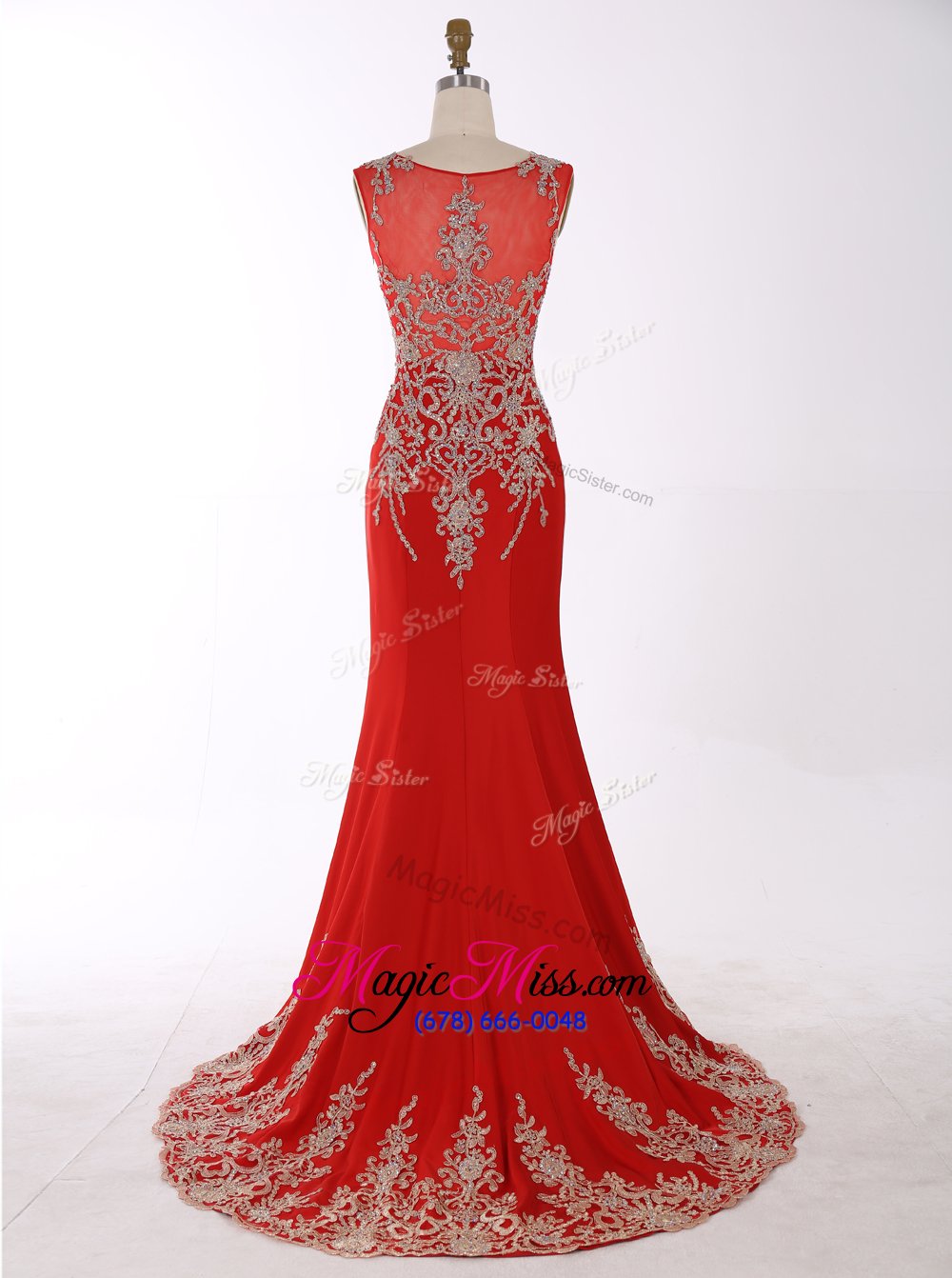 wholesale new style mermaid chiffon scoop sleeveless brush train zipper beading and appliques prom evening gown in red