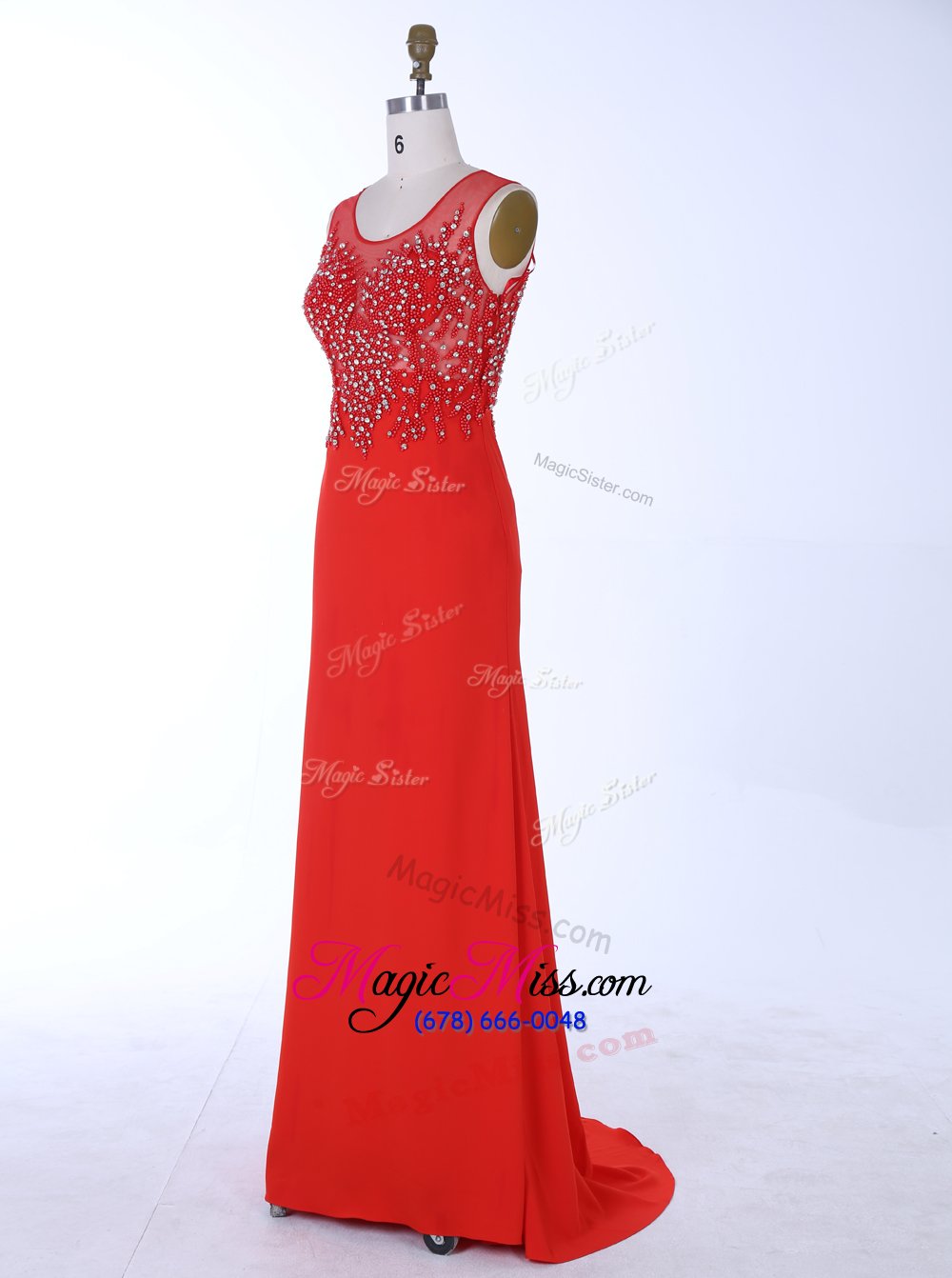 wholesale latest red mermaid scoop sleeveless chiffon with brush train zipper beading and appliques
