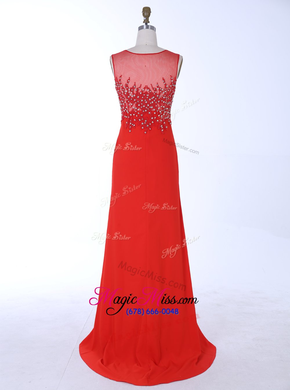 wholesale latest red mermaid scoop sleeveless chiffon with brush train zipper beading and appliques