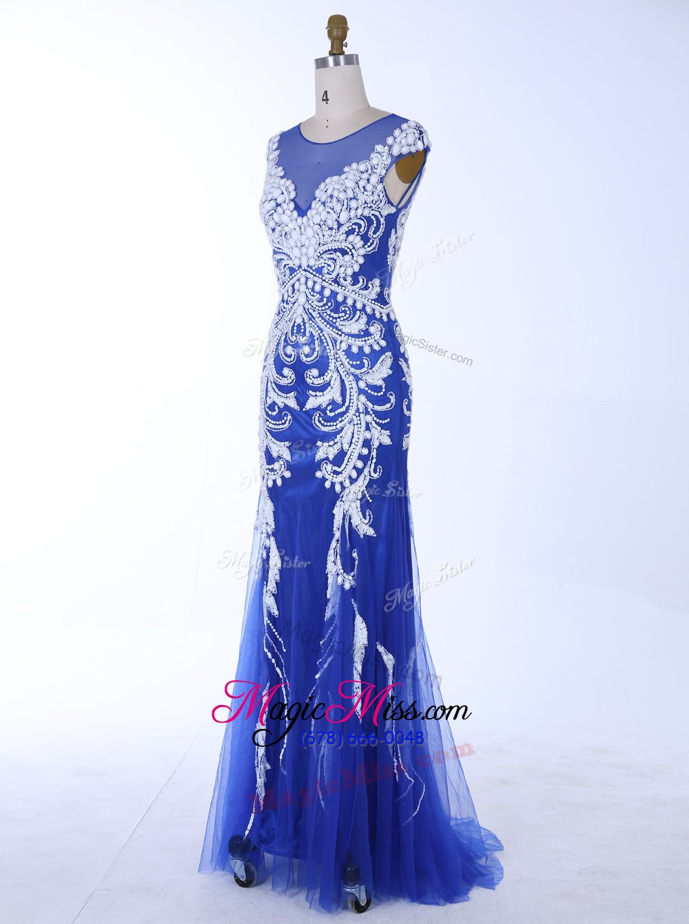 wholesale fashion mermaid scoop backless royal blue sleeveless beading and appliques floor length evening dress