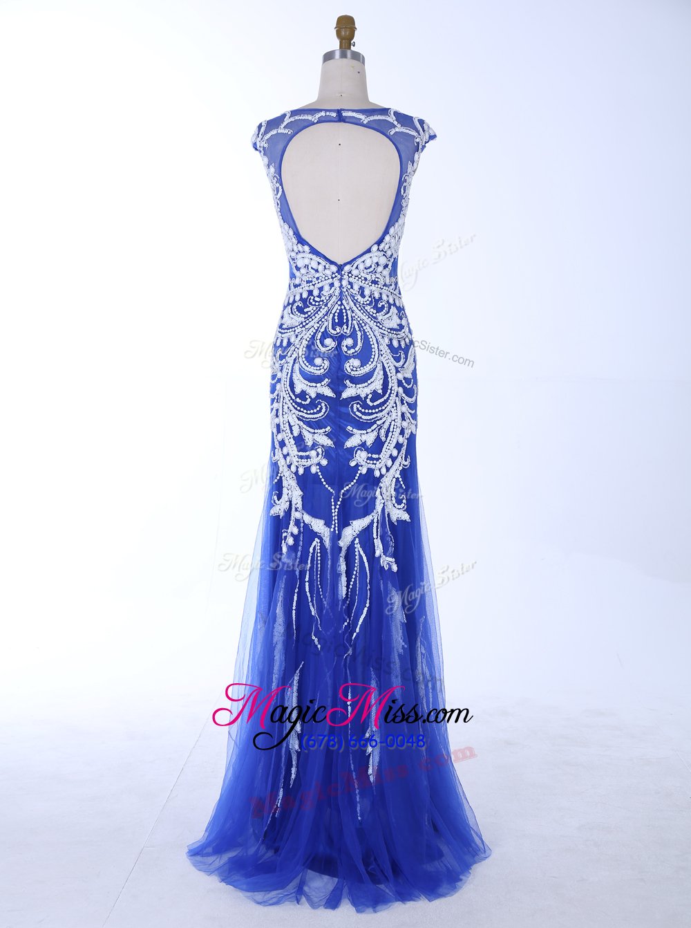 wholesale fashion mermaid scoop backless royal blue sleeveless beading and appliques floor length evening dress