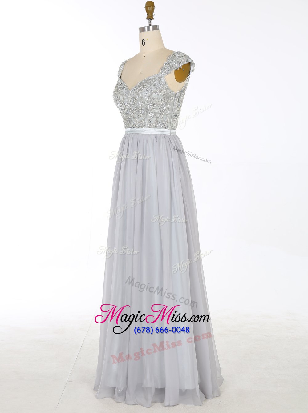 wholesale fine grey a-line beading and appliques prom dresses zipper chiffon sleeveless floor length