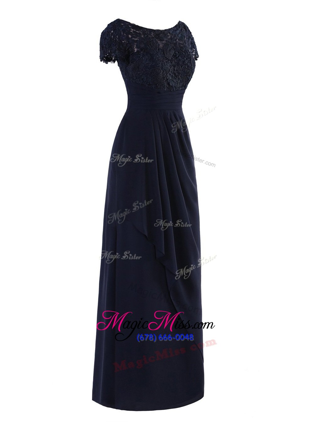 wholesale latest scoop short sleeves zipper dress for prom navy blue chiffon