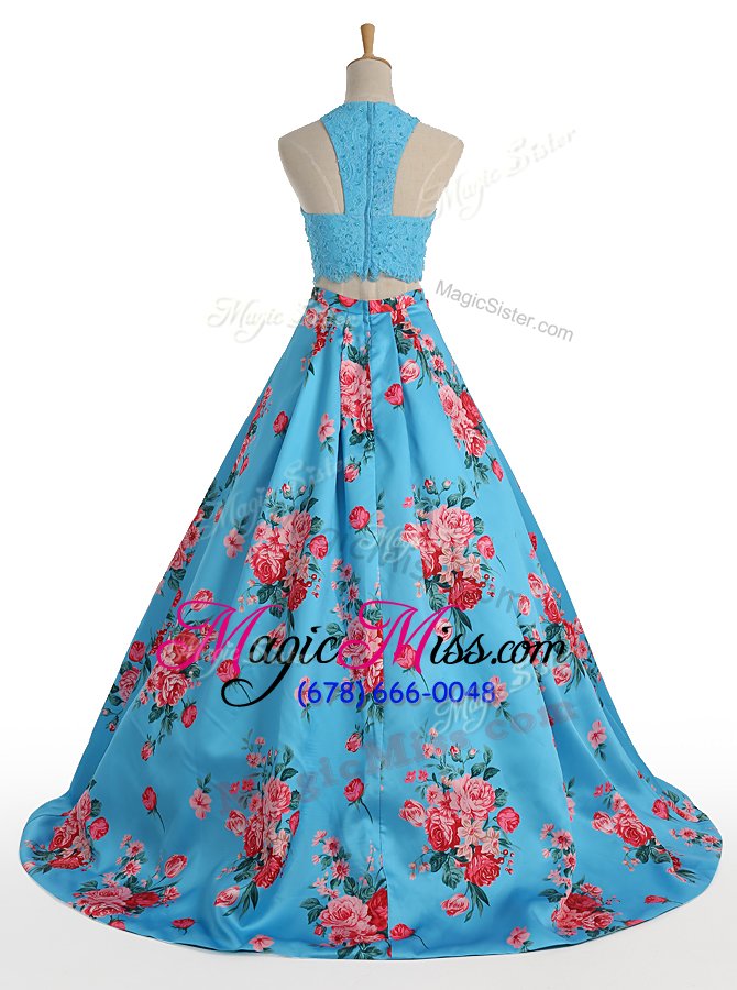 wholesale simple halter top blue a-line beading and appliques and pattern pageant dress for girls zipper satin sleeveless floor length