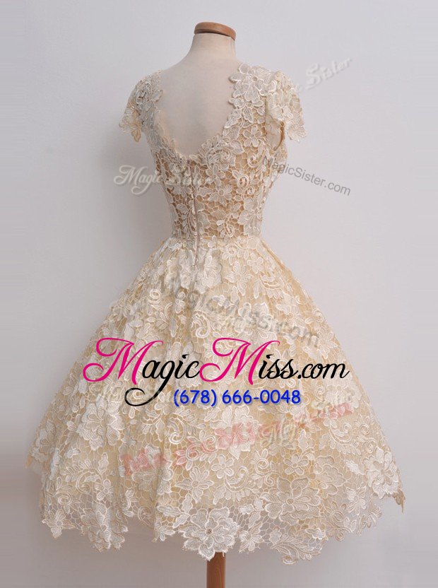 wholesale elegant cap sleeves lace knee length zipper evening dress in yellow for with lace