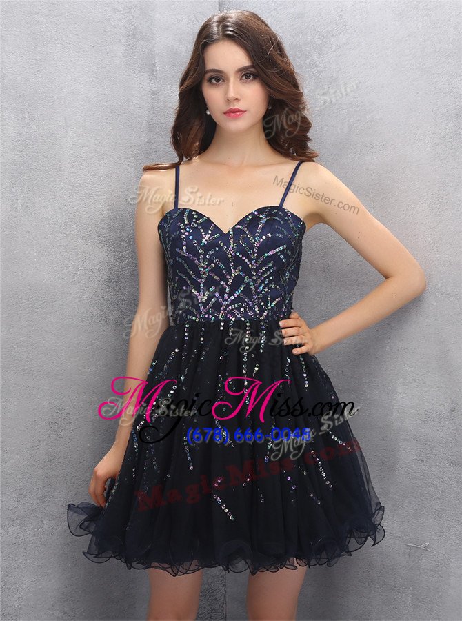 wholesale exquisite black party dress for girls prom and party and for with sequins spaghetti straps sleeveless lace up