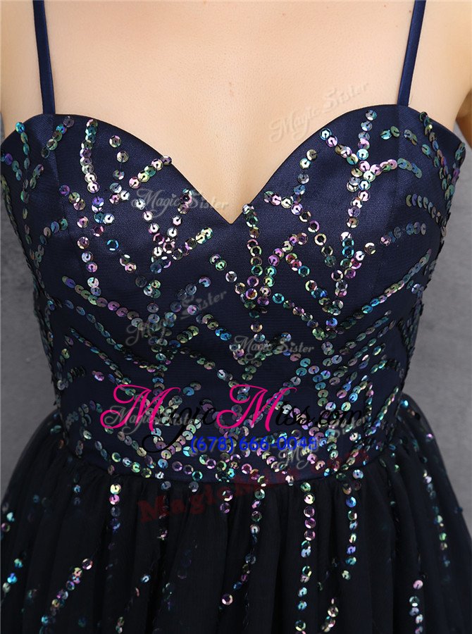 wholesale exquisite black party dress for girls prom and party and for with sequins spaghetti straps sleeveless lace up