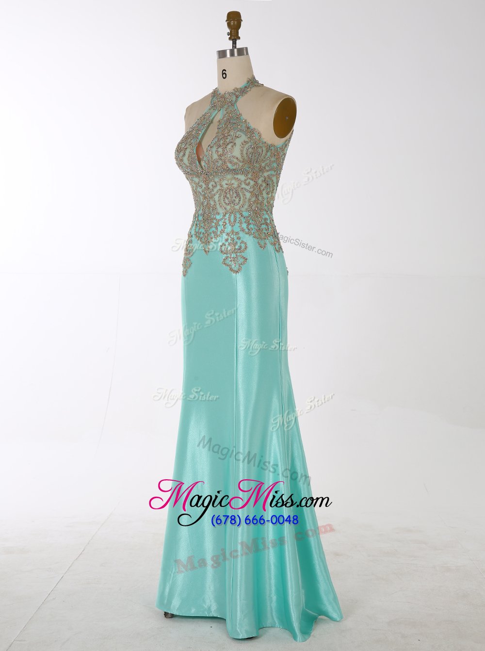 wholesale extravagant mermaid high-neck sleeveless prom dresses floor length beading turquoise satin