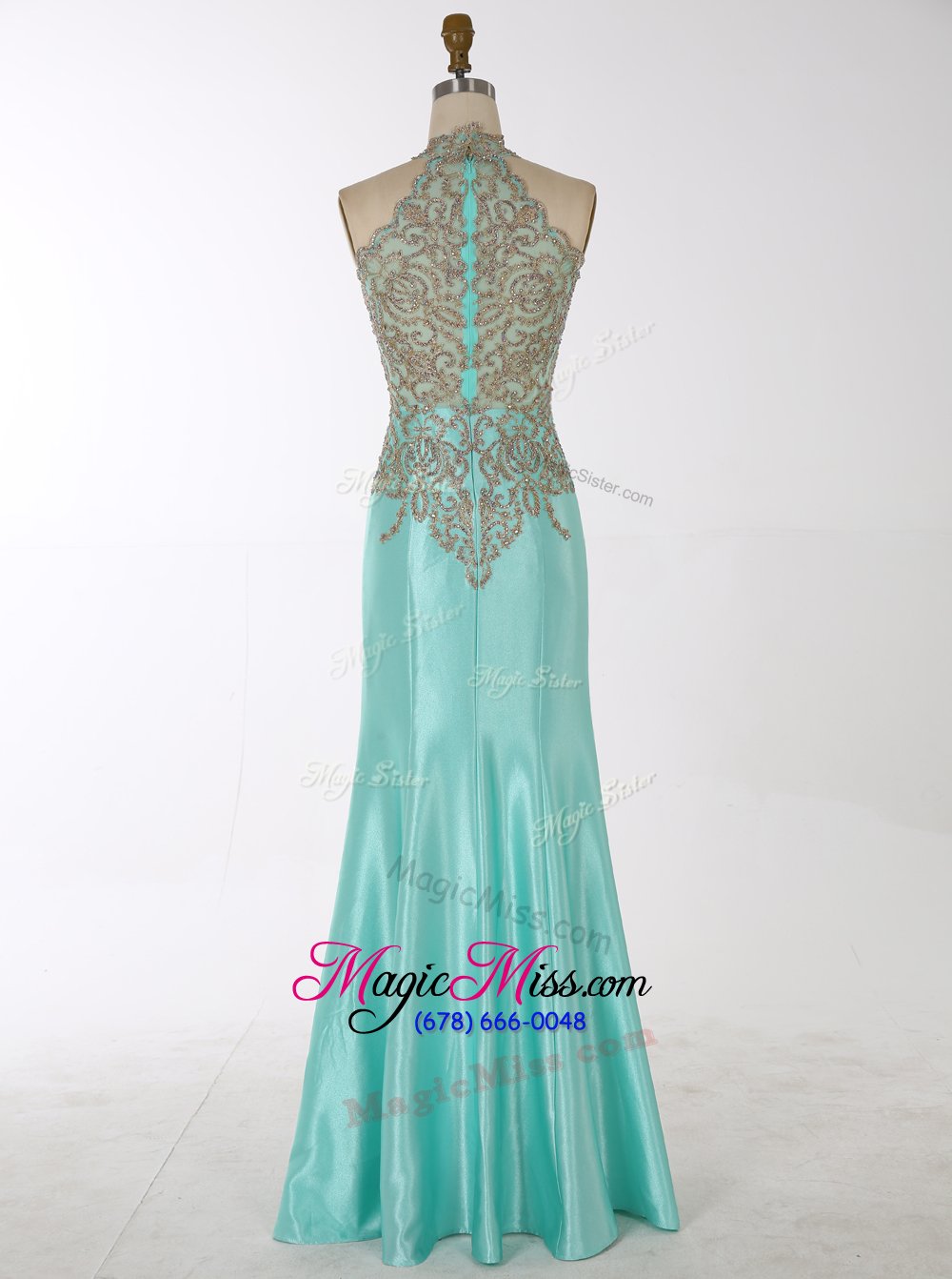 wholesale extravagant mermaid high-neck sleeveless prom dresses floor length beading turquoise satin
