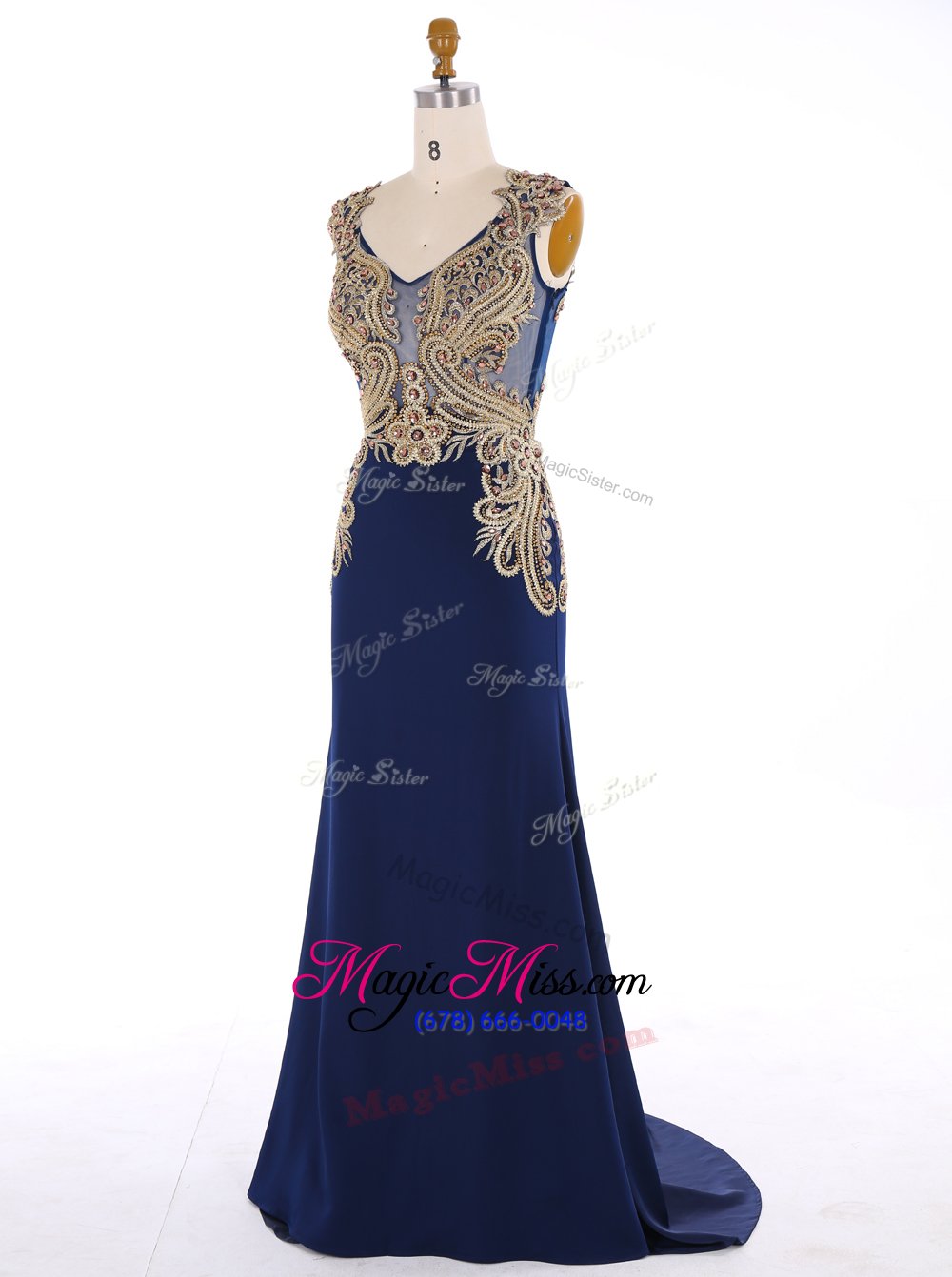 wholesale lovely mermaid sleeveless chiffon sweep train zipper prom dresses in navy blue for with appliques