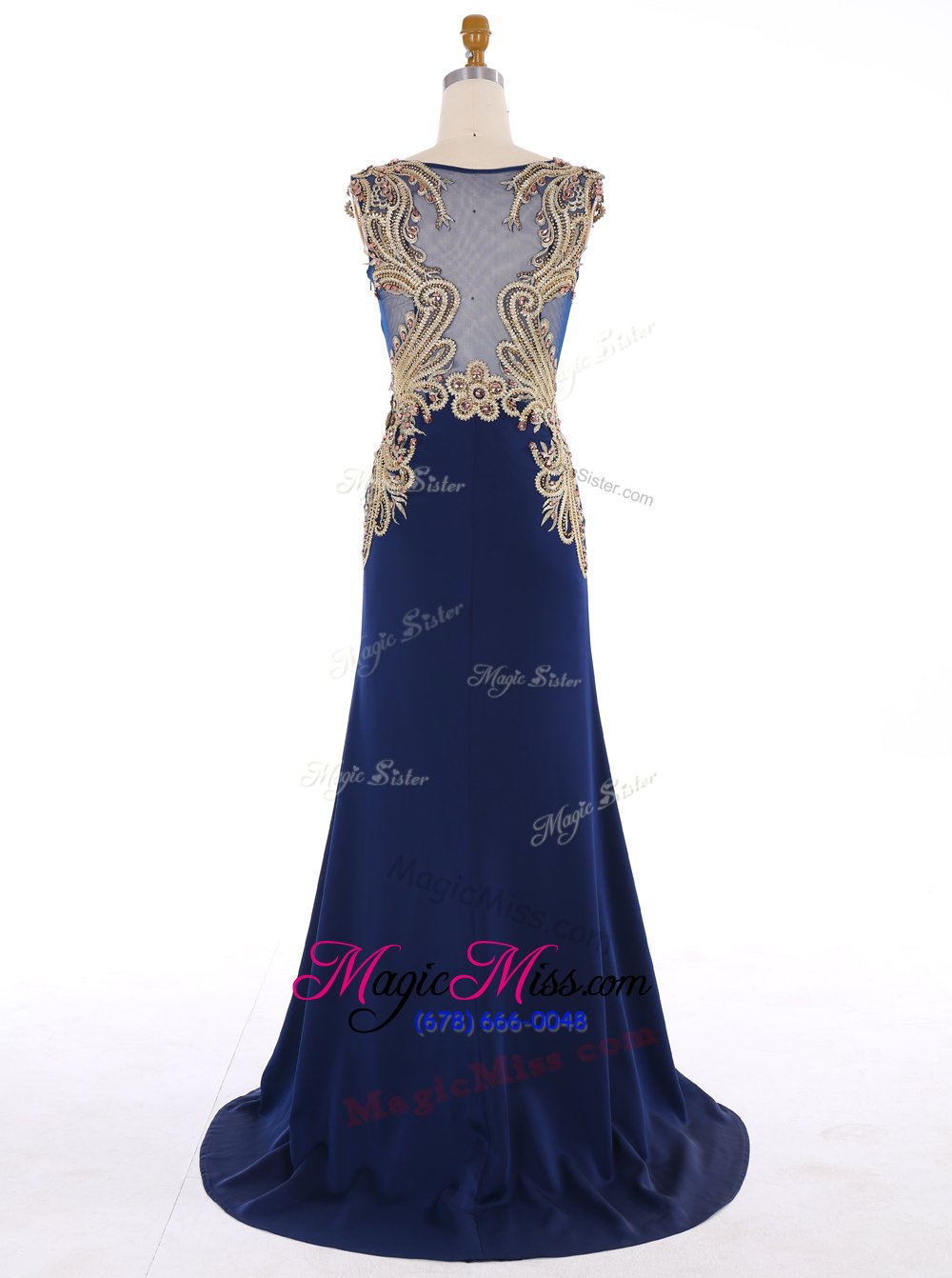 wholesale lovely mermaid sleeveless chiffon sweep train zipper prom dresses in navy blue for with appliques