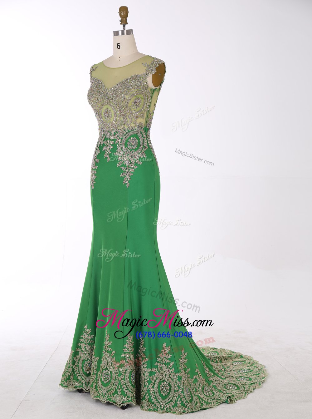 wholesale customized mermaid scoop sleeveless beading and appliques zipper evening dress with green brush train