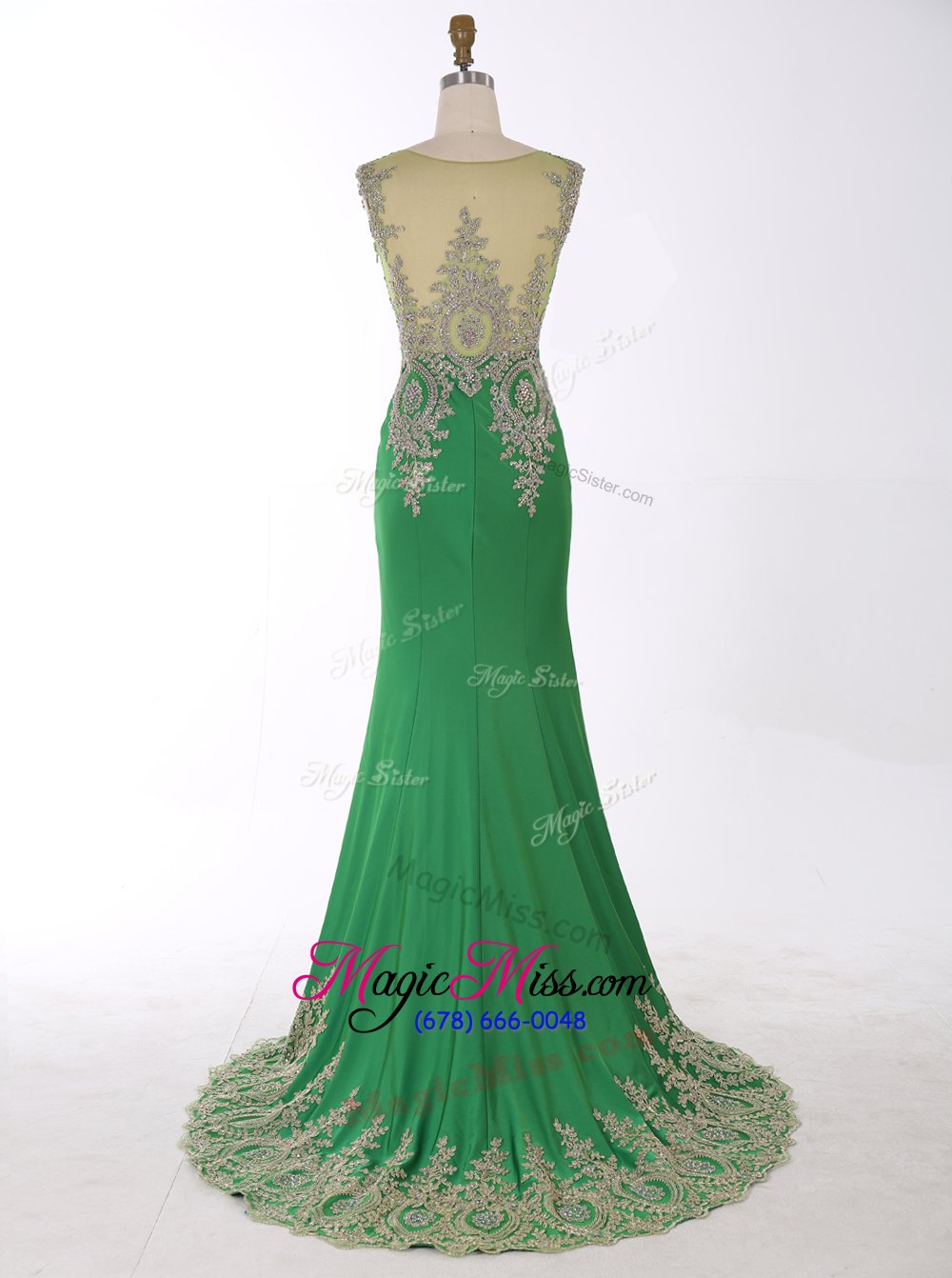wholesale customized mermaid scoop sleeveless beading and appliques zipper evening dress with green brush train