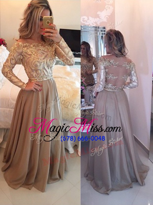 wholesale exceptional scoop chiffon long sleeves floor length celebrity evening dresses and beading and lace
