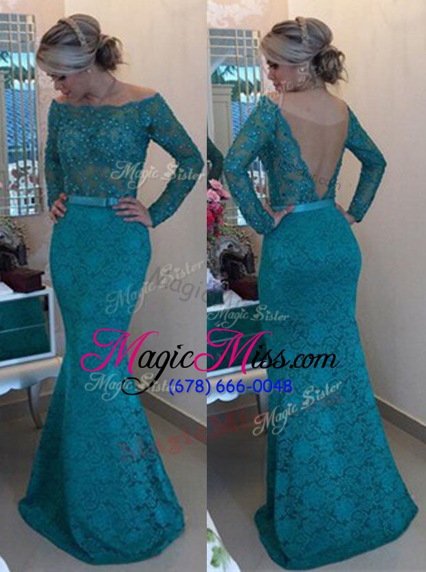 wholesale deluxe mermaid lace floor length green mother of the bride dress bateau long sleeves backless