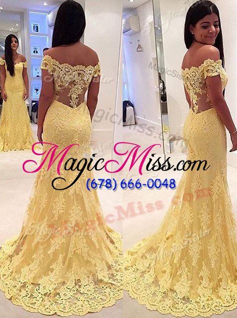 wholesale elegant mermaid lace yellow dress for prom prom and for with appliques off the shoulder short sleeves brush train side zipper