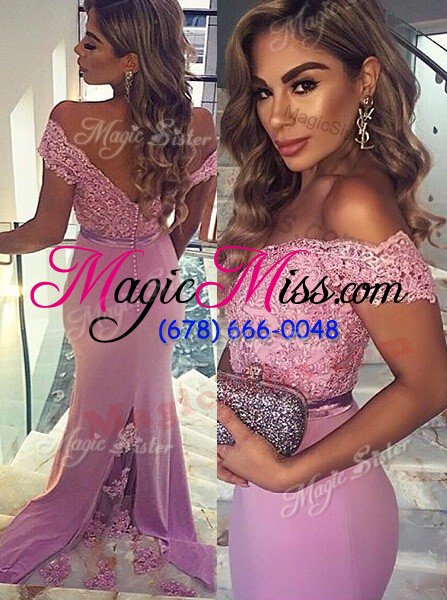 wholesale super brush train mermaid celebrity dresses pink off the shoulder elastic woven satin short sleeves zipper