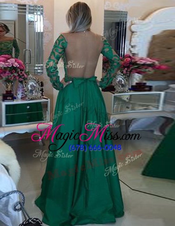 wholesale clearance scoop green a-line beading and appliques prom gown side zipper taffeta long sleeves floor length