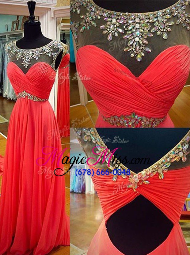 wholesale traditional scoop floor length backless prom evening gown watermelon red and in for prom and party with sashes|ribbons