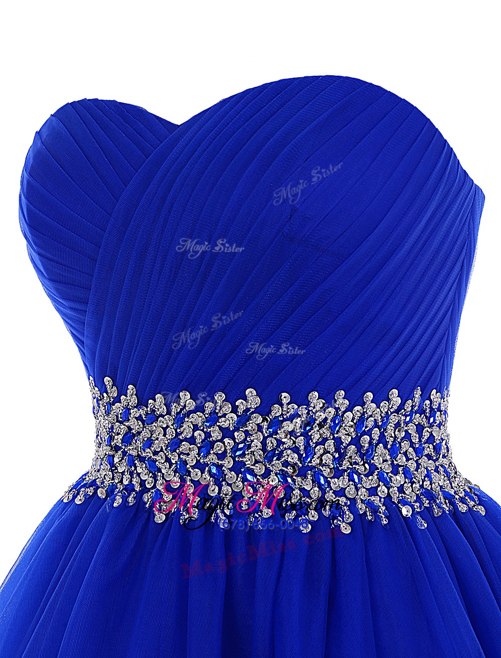 wholesale ideal royal blue sleeveless mini length beading lace up dress for prom