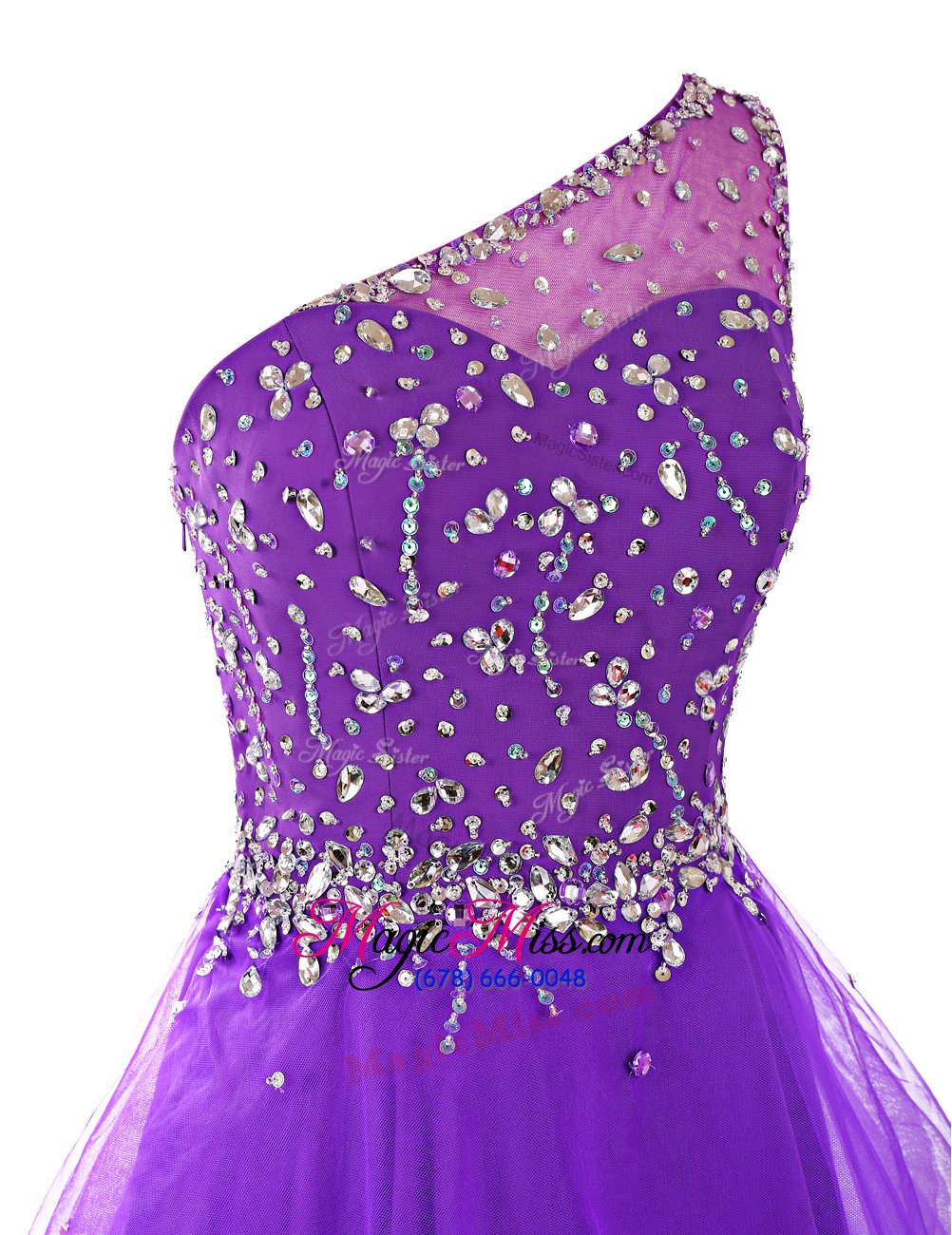 wholesale on sale a-line cocktail dresses purple one shoulder organza sleeveless mini length zipper