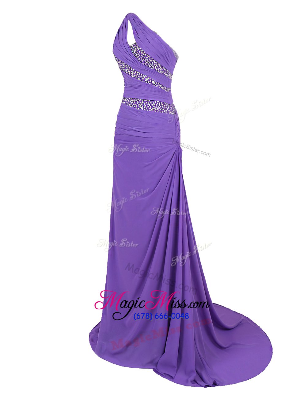 wholesale fantastic brush train a-line prom gown purple one shoulder chiffon sleeveless zipper