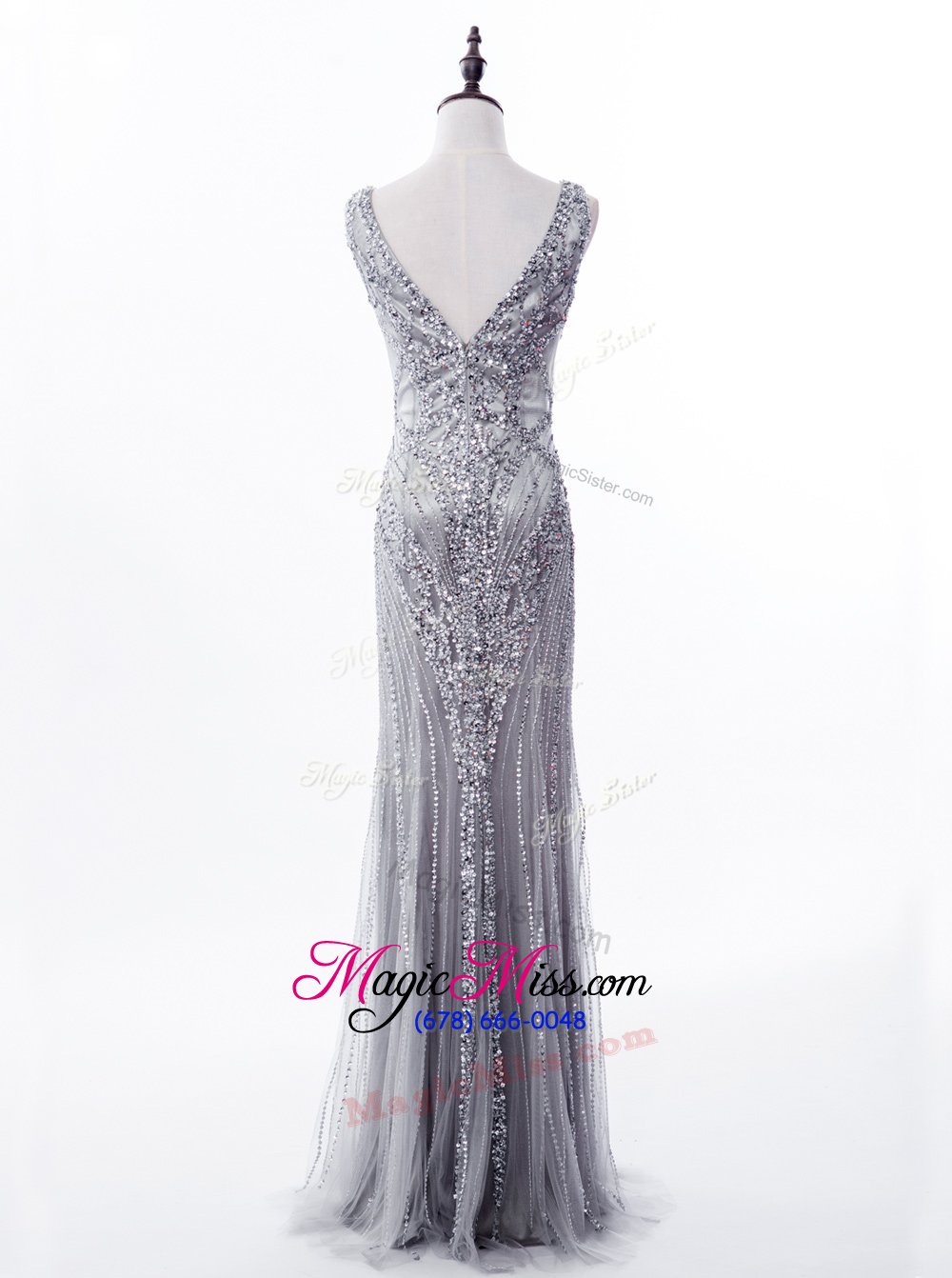 wholesale fabulous mermaid square sequins grey sleeveless satin and tulle brush train zipper prom dress for prom and party