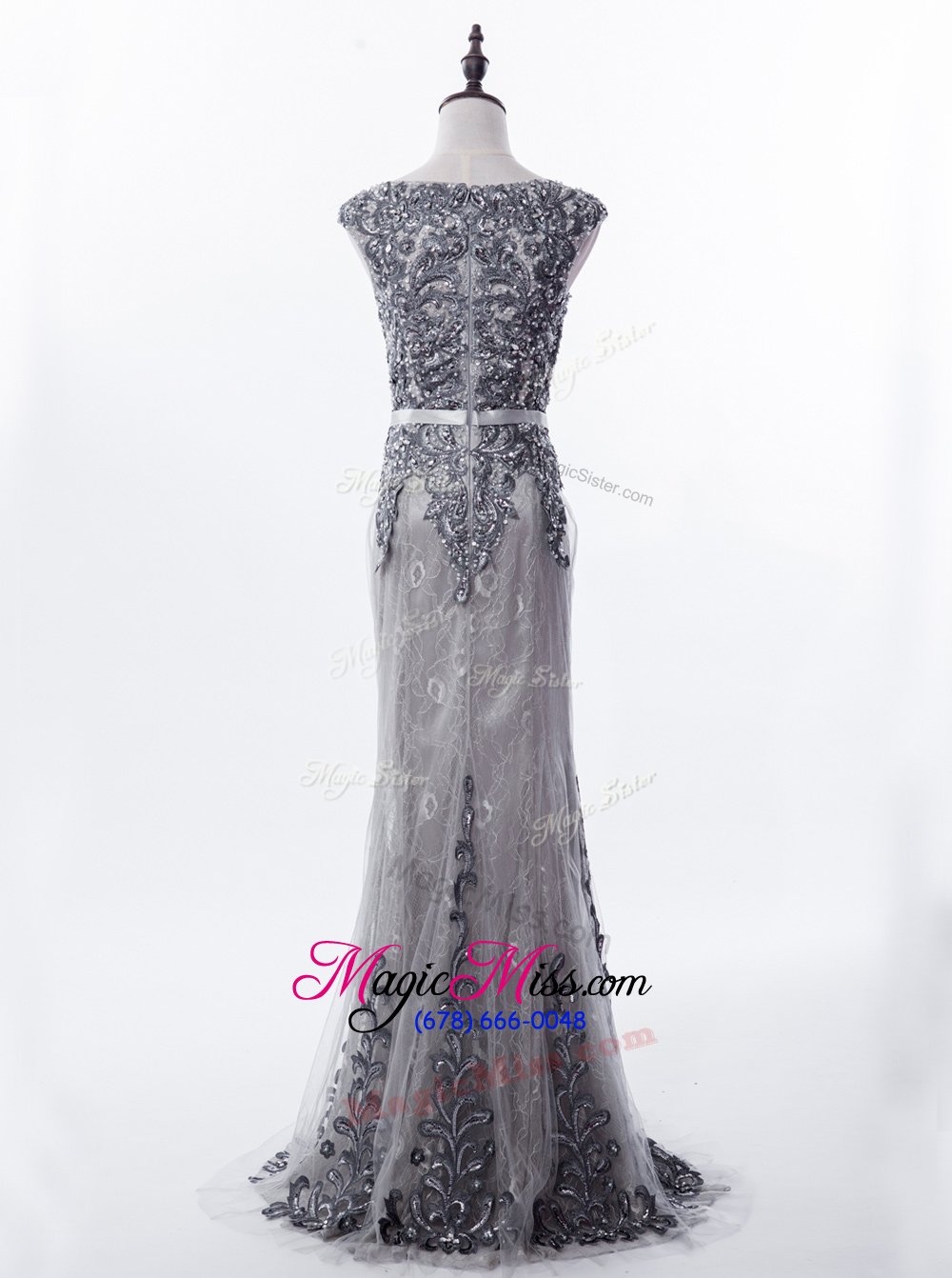 wholesale sumptuous mermaid grey lace zipper scoop sleeveless prom party dress brush train beading