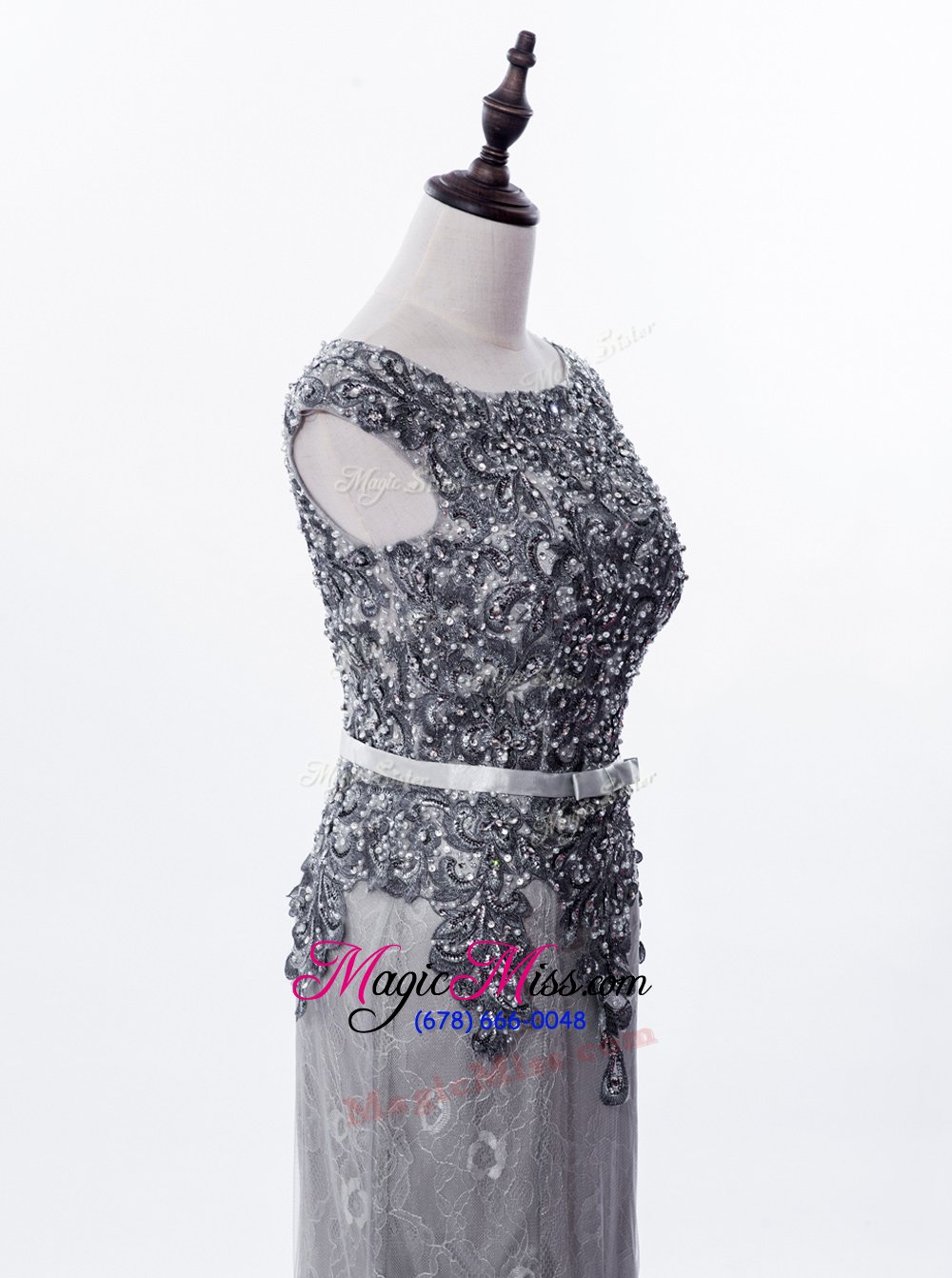 wholesale sumptuous mermaid grey lace zipper scoop sleeveless prom party dress brush train beading