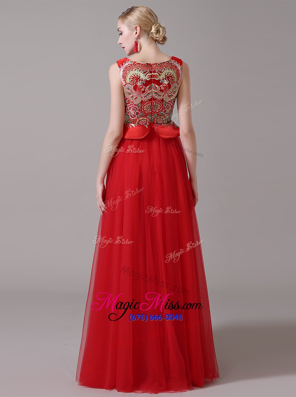 wholesale sophisticated scoop sleeveless tulle floor length zipper mother of the bride dress in red for with appliques