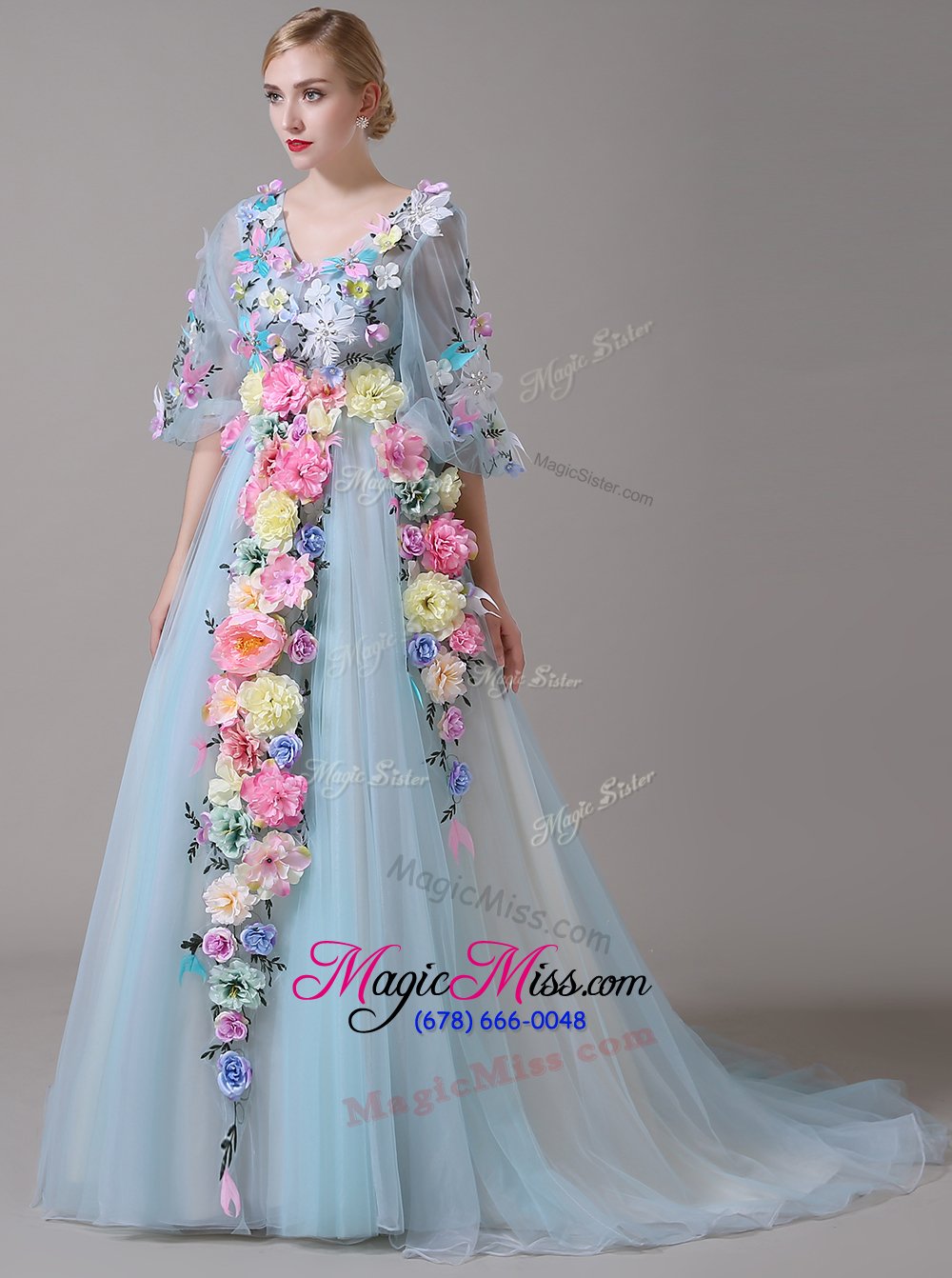 wholesale high end with train blue homecoming dress v-neck half sleeves court train zipper