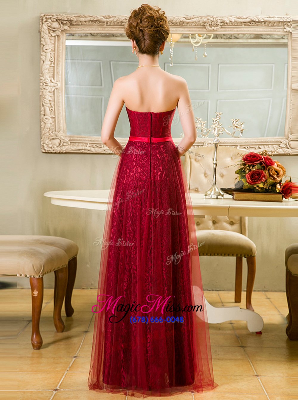 wholesale perfect floor length red prom party dress tulle and lace sleeveless belt