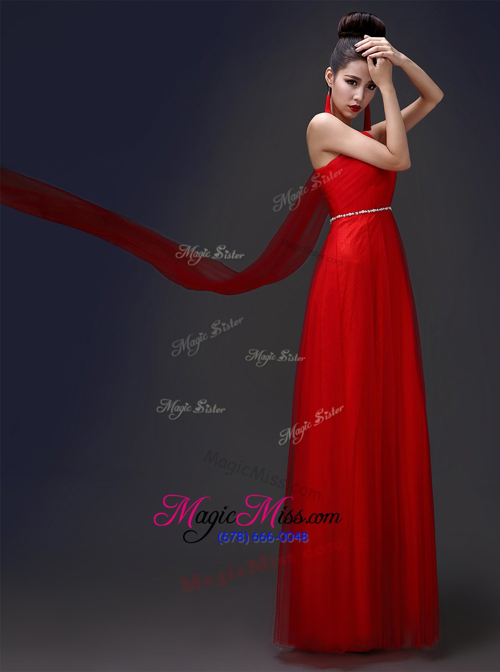 wholesale dramatic one shoulder red sleeveless beading floor length evening dress