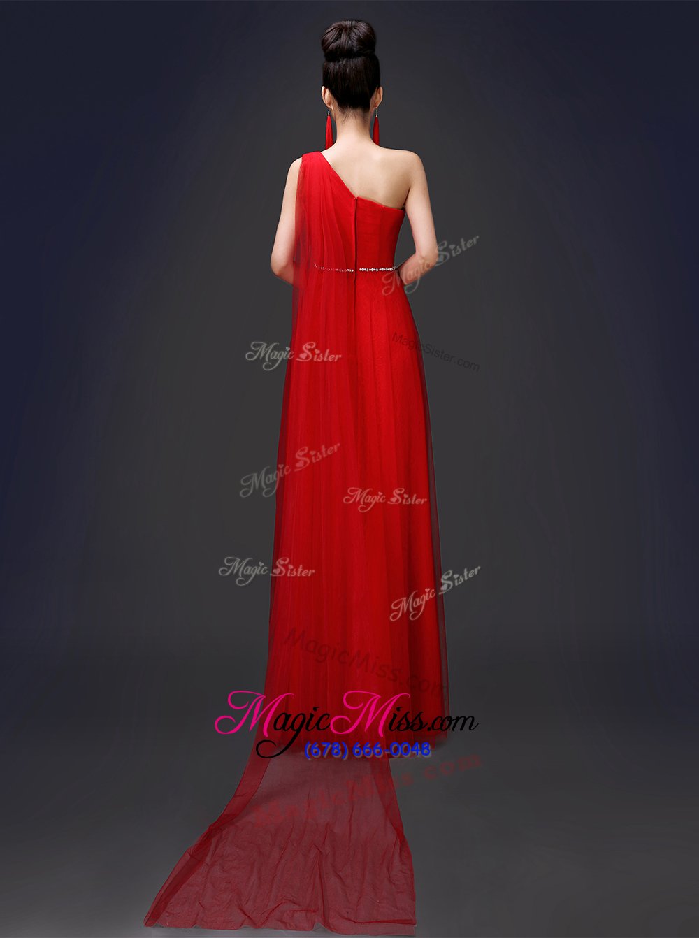 wholesale dramatic one shoulder red sleeveless beading floor length evening dress