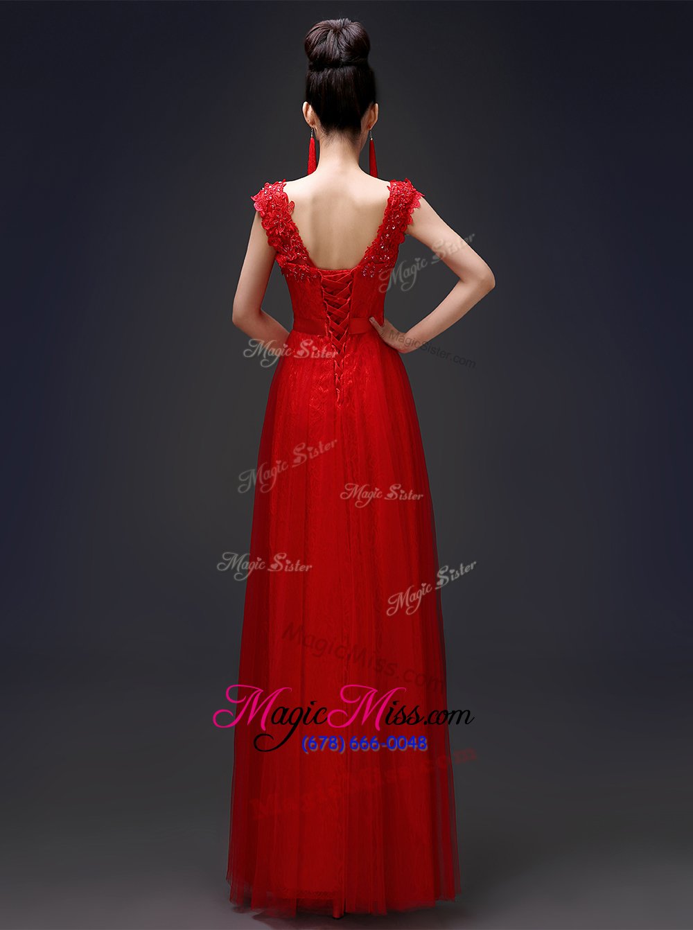 wholesale red scoop lace up beading and appliques sleeveless