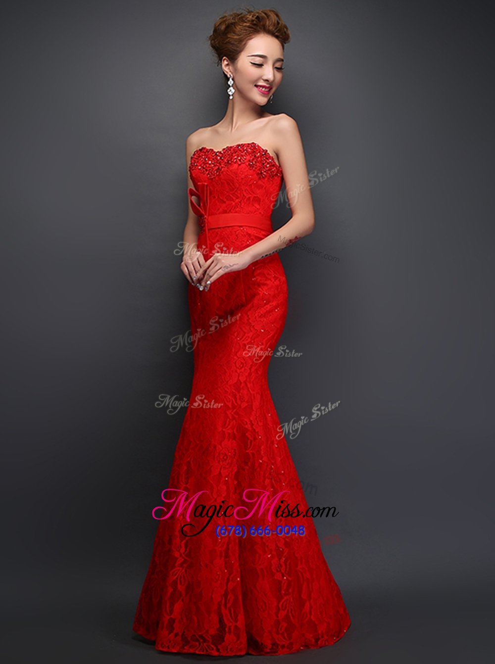 wholesale traditional mermaid red lace lace up sweetheart sleeveless floor length evening dress beading and bowknot
