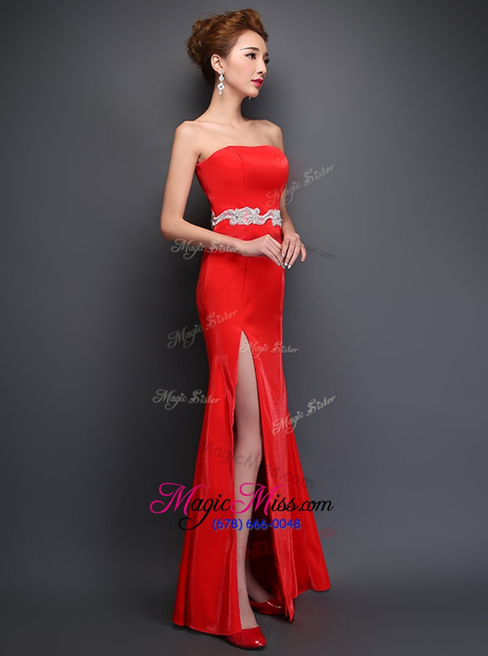 wholesale amazing mermaid red satin lace up strapless sleeveless floor length evening dress beading