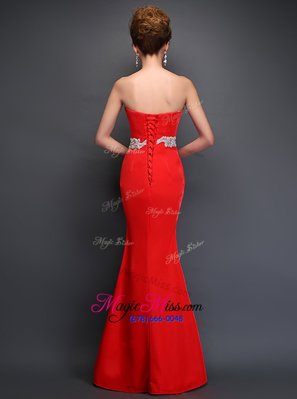 wholesale amazing mermaid red satin lace up strapless sleeveless floor length evening dress beading