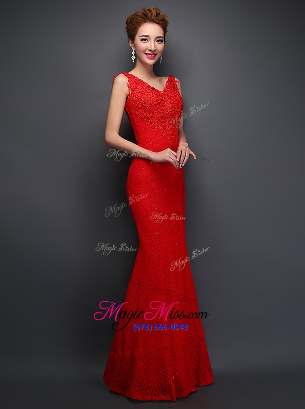 wholesale low price mermaid v-neck sleeveless juniors evening dress floor length beading and appliques red lace