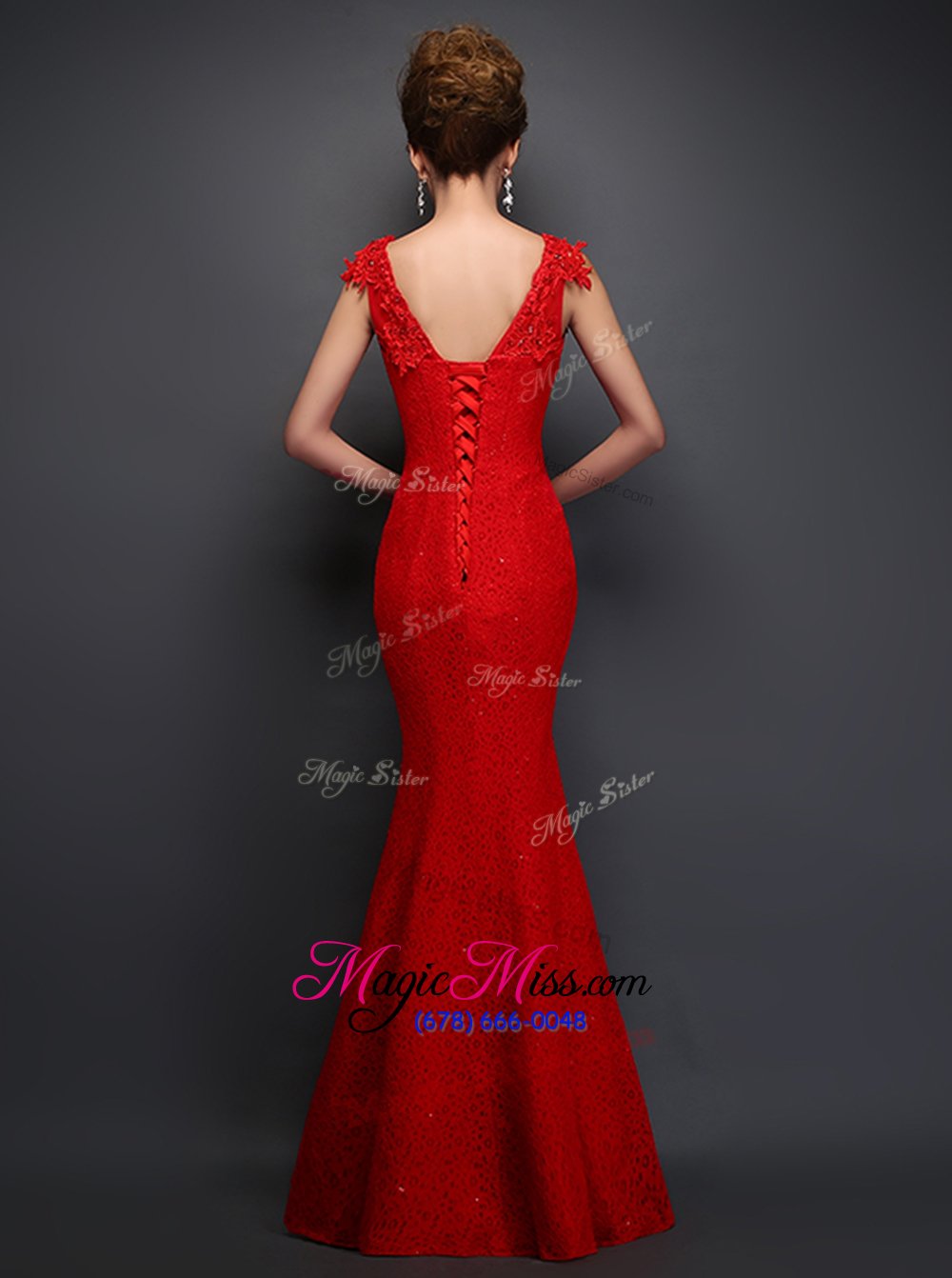 wholesale low price mermaid v-neck sleeveless juniors evening dress floor length beading and appliques red lace